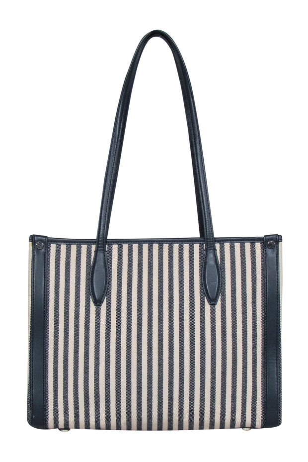 Current Boutique-Kate Spade - Beige & Navy Striped Canvas Structured Tote w/ Leather Trim