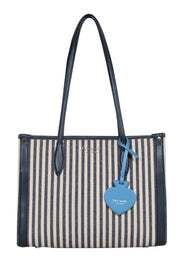 Current Boutique-Kate Spade - Beige & Navy Striped Canvas Structured Tote w/ Leather Trim