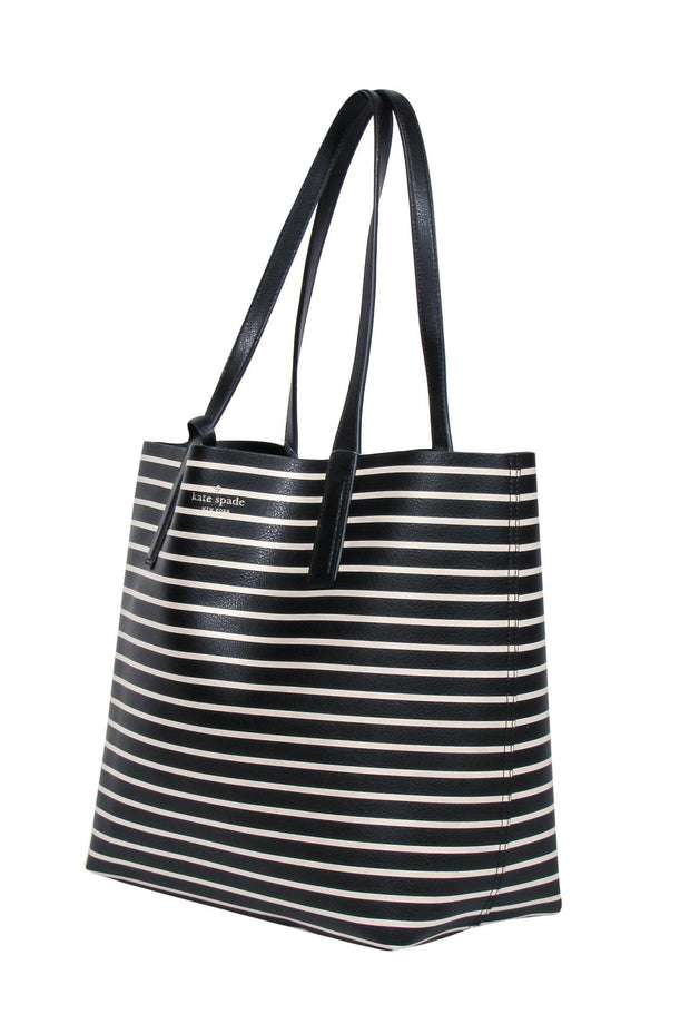 Current Boutique-Kate Spade - Black Leather & Striped Tote w/ Zipper Pouch