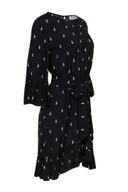 Current Boutique-Kate Spade - Black Penguin Print Shift Dress w/ Tie Waist & Bell Sleeves Sz M