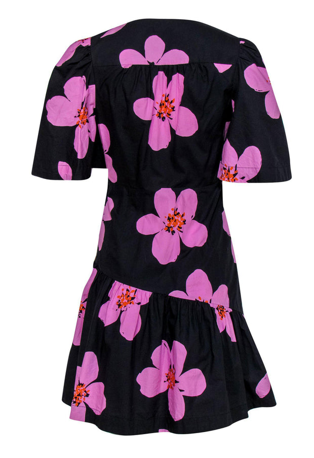 Current Boutique-Kate Spade - Black & Pink Floral Print Short Sleeve Fit & Flare Dress w/ Flounce Hem Sz 2