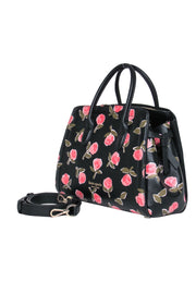 Current Boutique-Kate Spade - Black & Pink Pebbled Leather Rose Print Structured Convertible Satchel