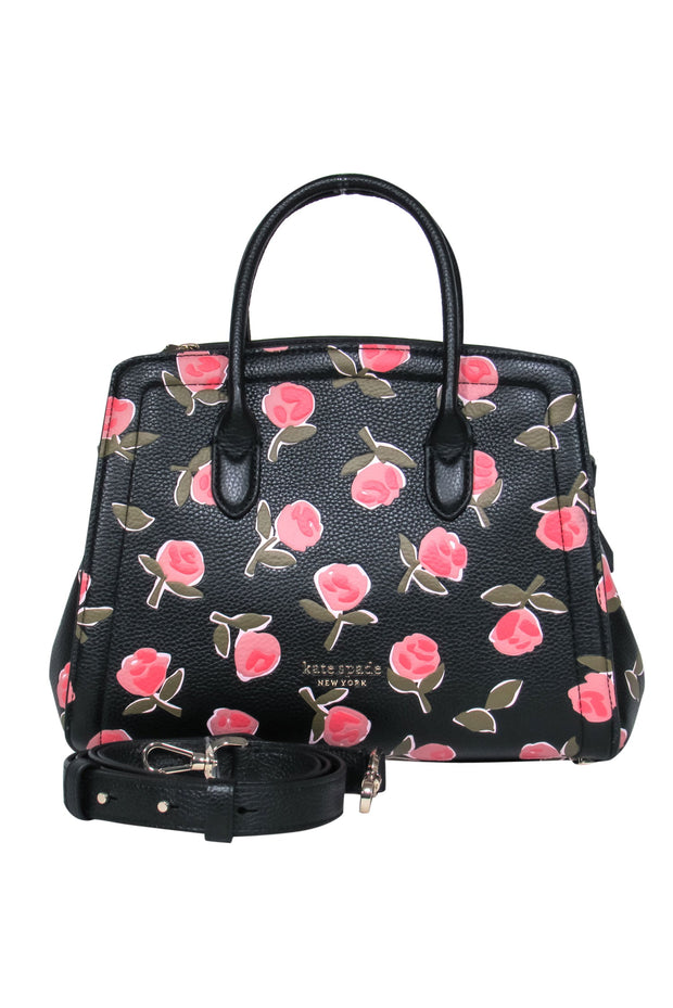 Current Boutique-Kate Spade - Black & Pink Pebbled Leather Rose Print Structured Convertible Satchel