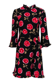 Current Boutique-Kate Spade - Black & Red Rose Print Long Sleeve Ruffle Shift Dress Sz 6