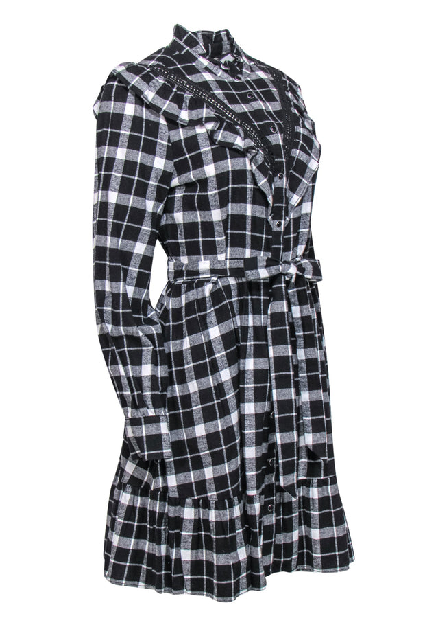 Current Boutique-Kate Spade - Black & White Plaid Flannel Ruffled Belted Dress Sz S