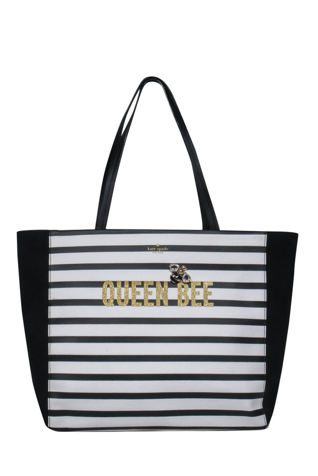 Current Boutique-Kate Spade - Black & White Striped "Queen Bee Hallie" Tote w/ Jeweled Bee