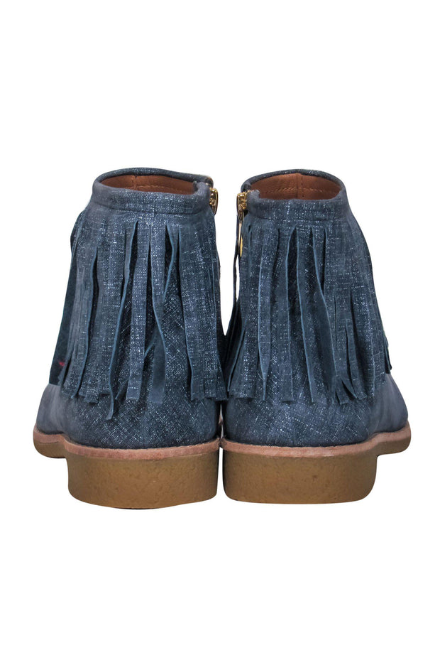 Current Boutique-Kate Spade - Blue Metallic Chambray “Bestie” Booties w/ Fringe Sz 9