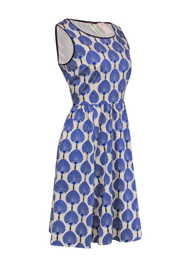 Current Boutique-Kate Spade - Cream & Blue Fan Print Sleeveless Dress Sz 8