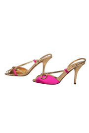 Current Boutique-Kate Spade - Golden Leather & Hot Pink Satin Bow Heels Sz 6