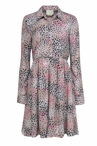 Current Boutique-Kate Spade - Grey, Black & Pink Dotted Long Sleeve Button-Up Dress Sz 8