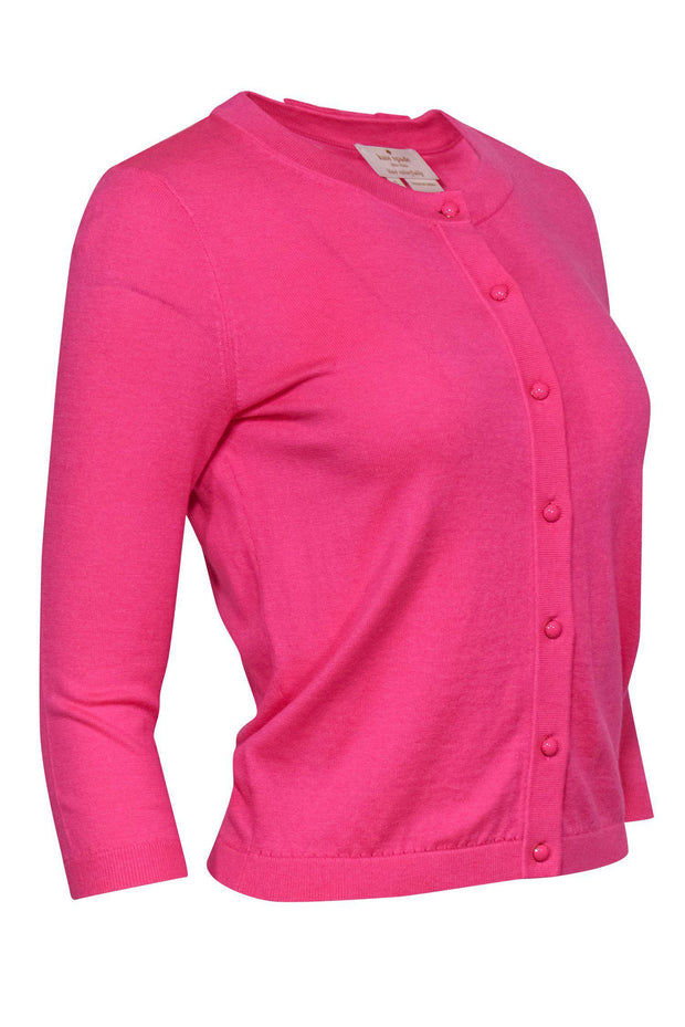 Current Boutique-Kate Spade - Hot Pink Button-Up Cropped Sleeve Knit Cardigan w/ Bow on Back Sz S