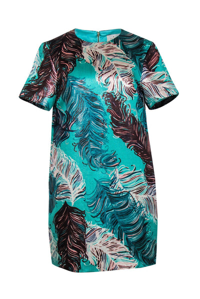 Current Boutique-Kate Spade - Metallic Aqua Green Feather Print Shift Dress Sz 6