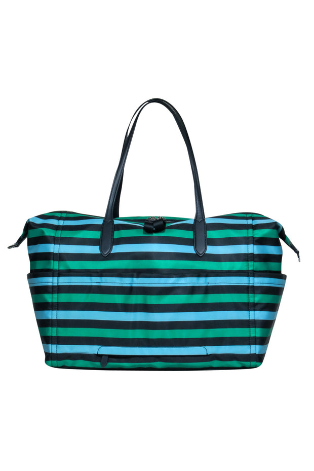 Current Boutique-Kate Spade - Navy, Green & Blue Striped Nylon Weekender Duffle