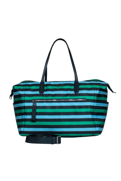 Current Boutique-Kate Spade - Navy, Green & Blue Striped Nylon Weekender Duffle