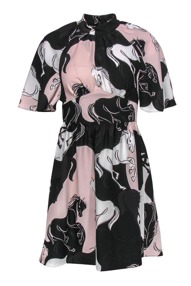 Current Boutique-Kate Spade - Pink, Black & White Horse Print Short Sleeve Fit & Flare Dress Sz 0