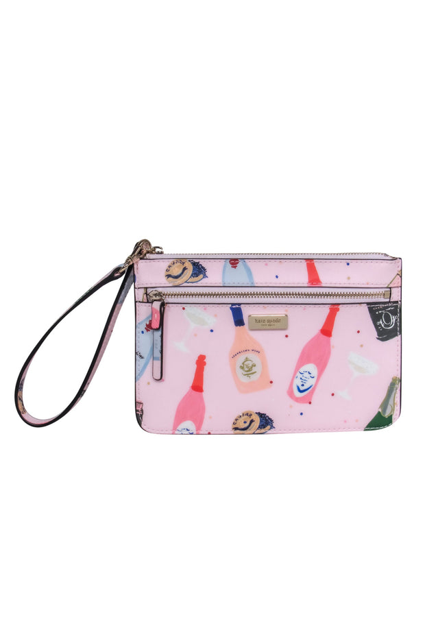 Current Boutique-Kate Spade - Pink Champagne Bottles Print Wristlet