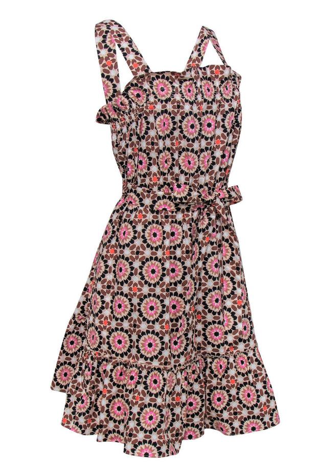 Current Boutique-Kate Spade - Pink Geometric Print Sleeveless Ruffle Fit & Flare Dress w/ Belt Sz 12