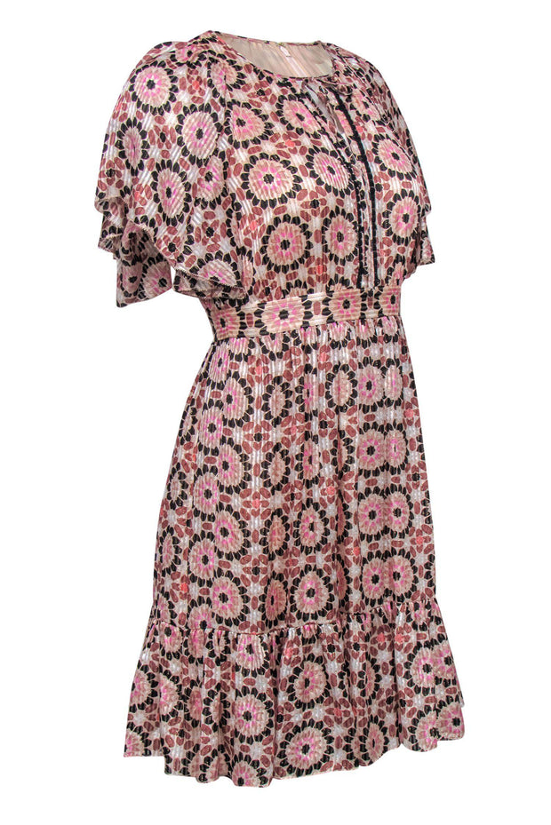 Current Boutique-Kate Spade - Pink Metallic Geometric Print Ruffle Short Sleeve Fit & Flare Dress Sz 0