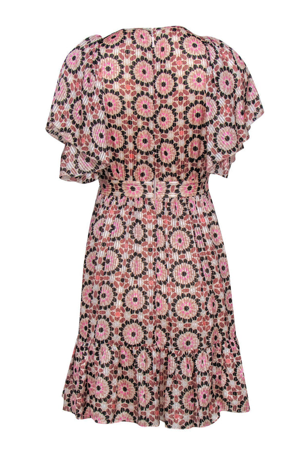 Current Boutique-Kate Spade - Pink Metallic Geometric Print Ruffle Short Sleeve Fit & Flare Dress Sz 0