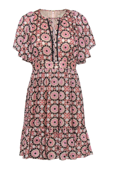 Current Boutique-Kate Spade - Pink Metallic Geometric Print Ruffle Short Sleeve Fit & Flare Dress Sz 0