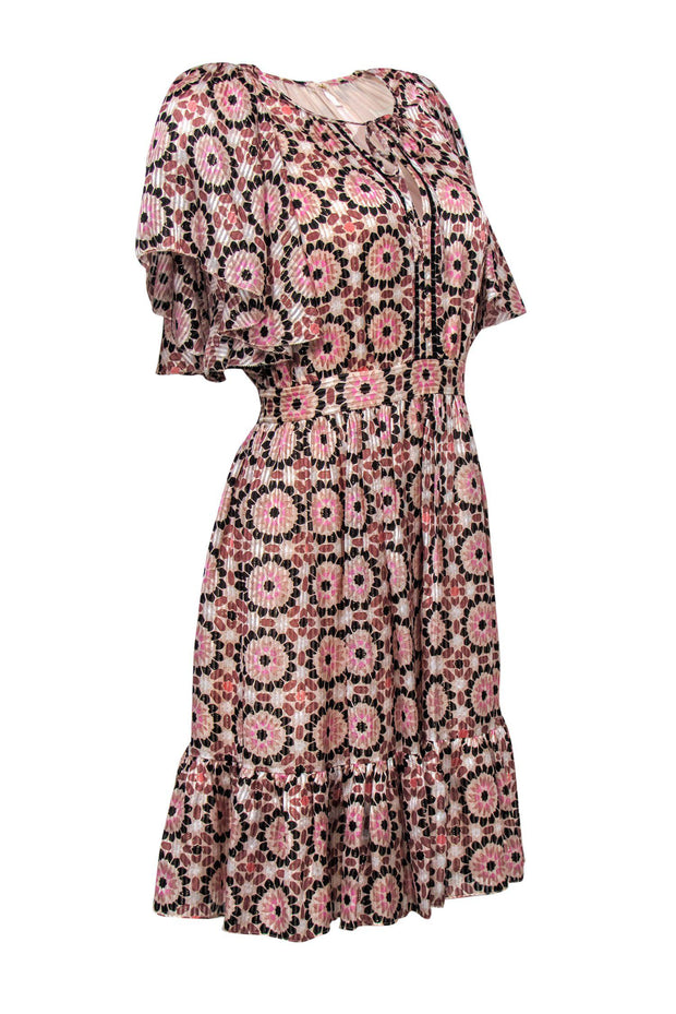 Current Boutique-Kate Spade - Pink Metallic Geometric Print Ruffle Short Sleeve Fit & Flare Dress Sz 10