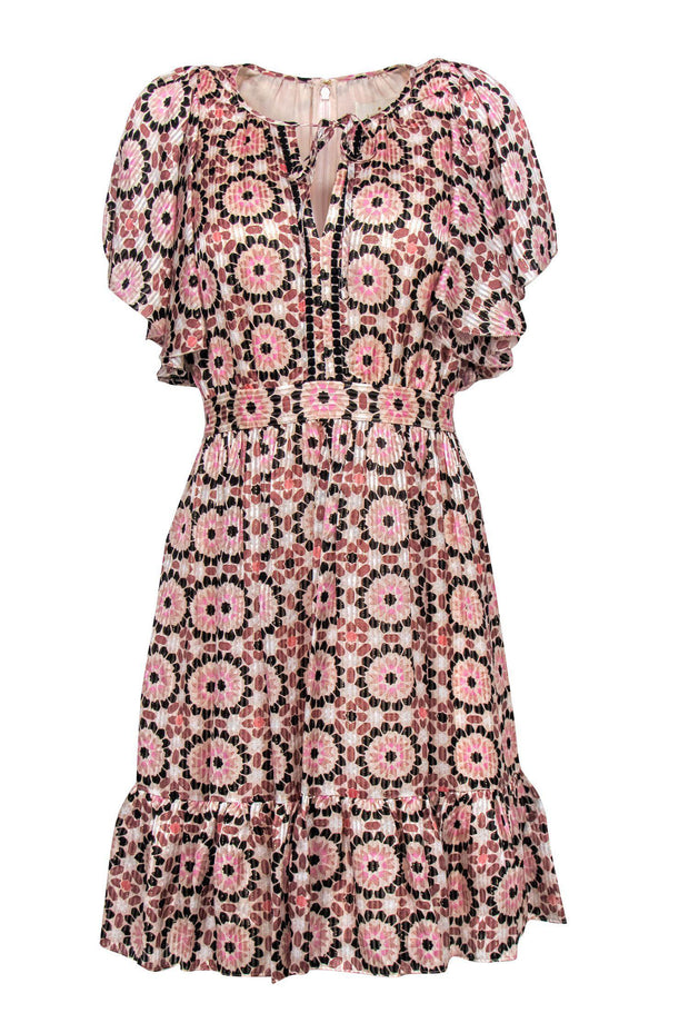 Current Boutique-Kate Spade - Pink Metallic Geometric Print Ruffle Short Sleeve Fit & Flare Dress Sz 10