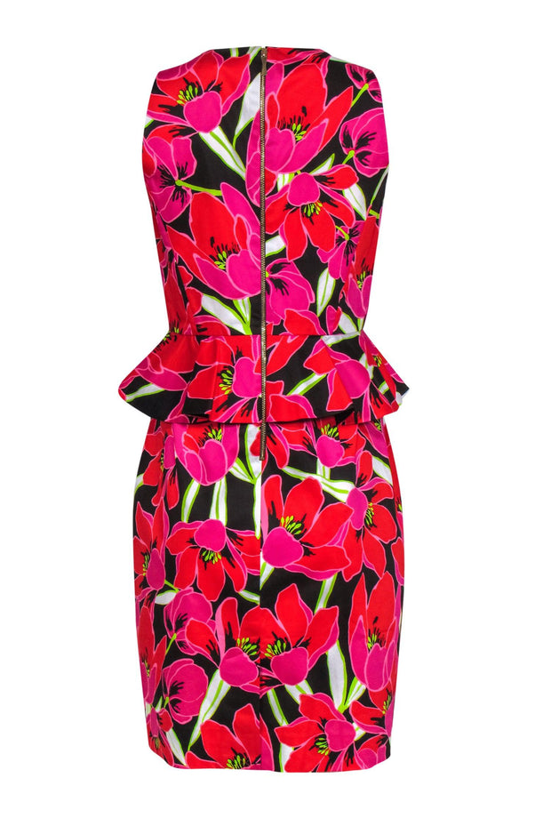 Current Boutique-Kate Spade - Pink, Red, Brown Floral Fitted Sheath Dress with Peplum Sz 8