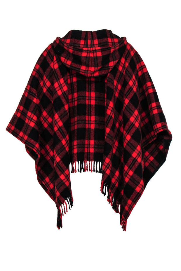 Current Boutique-Kate Spade - Red Wool Blend Plaid Hooded Poncho w/ Fringe Sz 0