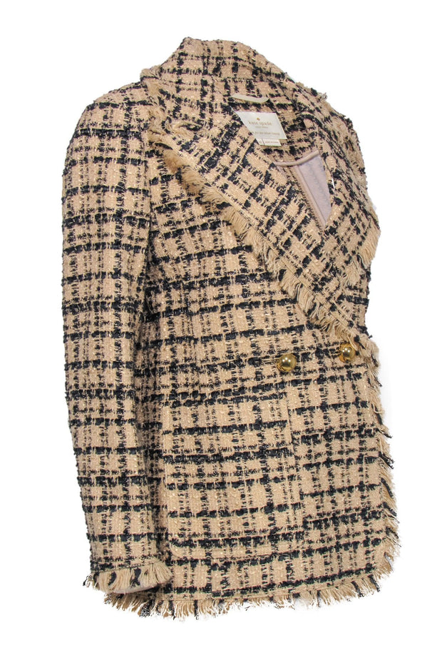 Current Boutique-Kate Spade - Tan & Black Metallic Tweed Fringed Double Breasted Blazer Sz 10