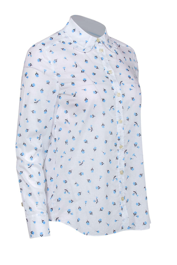 Current Boutique-Kate Spade - White & Blue Floral Print Button Up Shirt w/ Ruffled Collar Sz XS