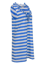 Current Boutique-Kate Spade - White & Blue Striped Sleeveless Shift Dress w/ Ruffle Neckline Sz M