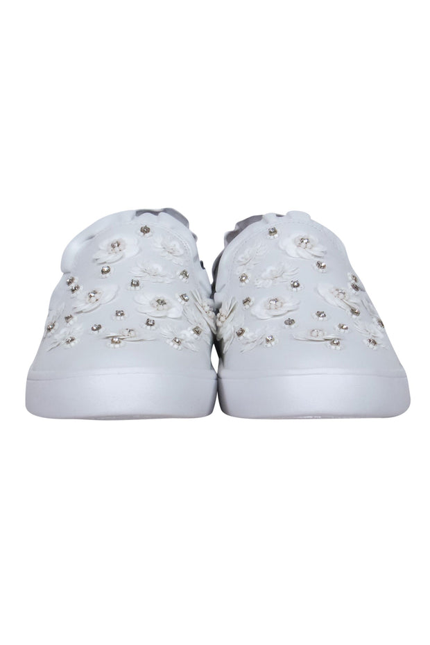 Current Boutique-Kate Spade - White Leather "Louise" Slip-On Sneakers w/ Floral Beading Sz 7.5