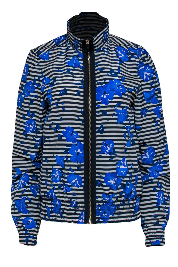 Current Boutique-Kate Spade - White, Navy & Blue Striped & Floral Print Zip-Up Jacket Sz M