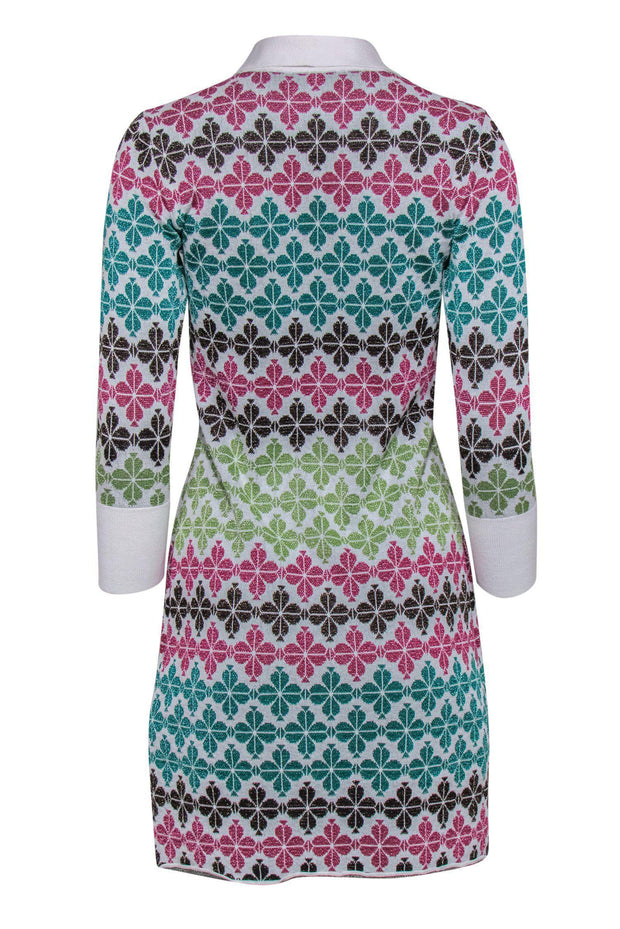 Current Boutique-Kate Spade - White, Pink & Green Metallic Clover Print Quarter-Sleeve Knit Dress Sz XS