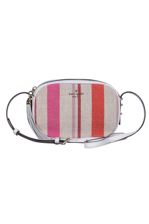 Current Boutique-Kate Spade - White, Pink & Red Striped Pebbled Leather & Canvas Crossbody