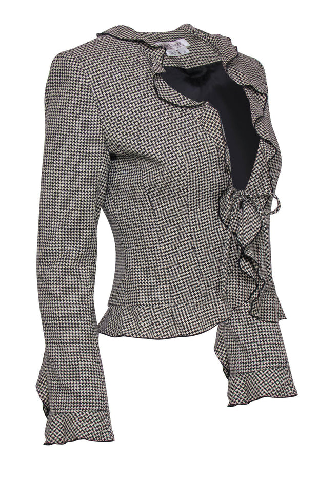 Current Boutique-Kay Unger - Black & Beige Houndstooth Print Ruffled Tied Blazer Sz 4