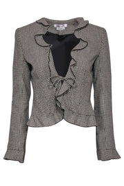 Current Boutique-Kay Unger - Black & Beige Houndstooth Print Ruffled Tied Blazer Sz 4