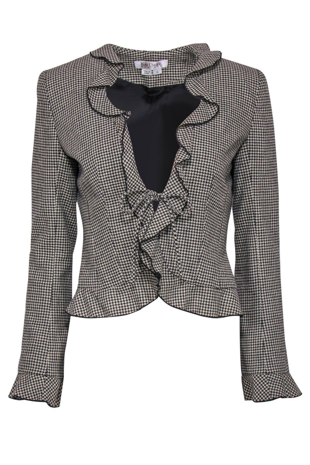 Current Boutique-Kay Unger - Black & Beige Houndstooth Print Ruffled Tied Blazer Sz 4