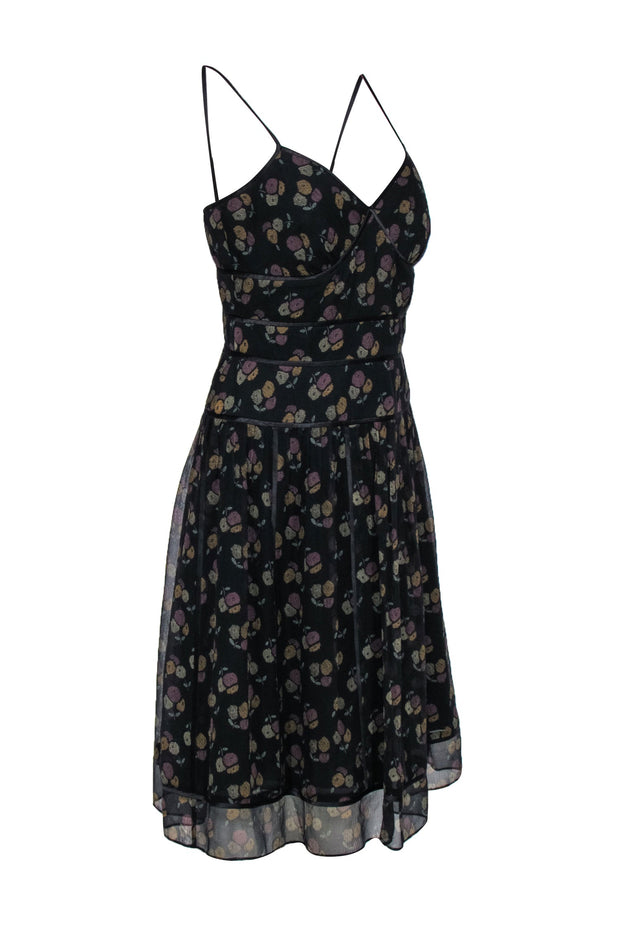 Current Boutique-Kay Unger - Black Floral Print A-Line Midi Dress Sz 6