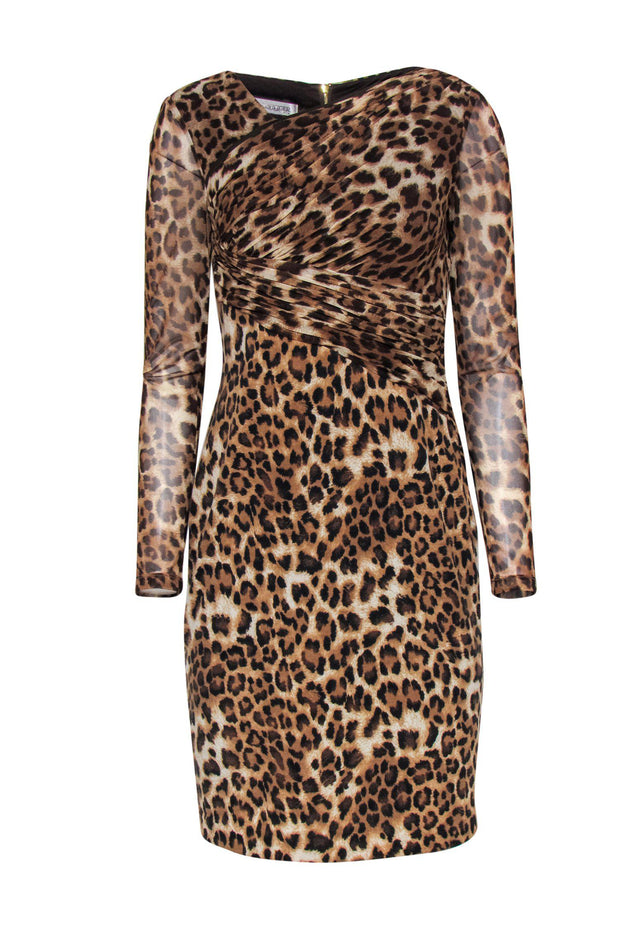 Current Boutique-Kay Unger - Brown Leopard Print Long Sleeve Ruched Sheath Dress Sz 4