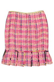 Current Boutique-Kay Unger - Pink & Yellow Plaid Woven Tweed Skirt w/ Pleated Hem Sz 4