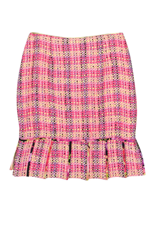 Current Boutique-Kay Unger - Pink & Yellow Plaid Woven Tweed Skirt w/ Pleated Hem Sz 4