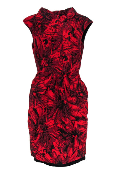 Current Boutique-Kay Unger - Red & Black Abstract Floral Sheath Dress Sz 8