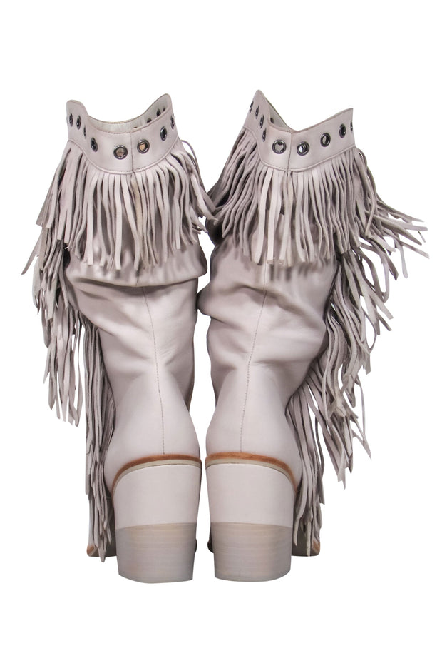 Current Boutique-Kenneth Cole - Light Grey Fringed Heeled Cowboy Boots w/ Grommet Trim Sz 9