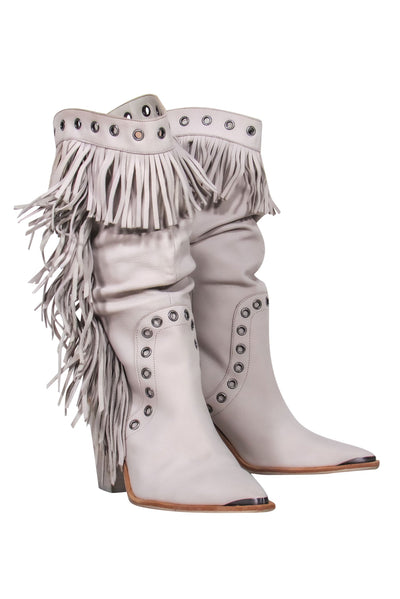 Current Boutique-Kenneth Cole - Light Grey Fringed Heeled Cowboy Boots w/ Grommet Trim Sz 9