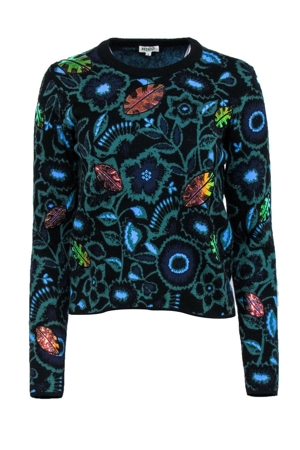 Current Boutique-Kenzo - Blue & Green Sweater w/ Metallic Leaves Sz S