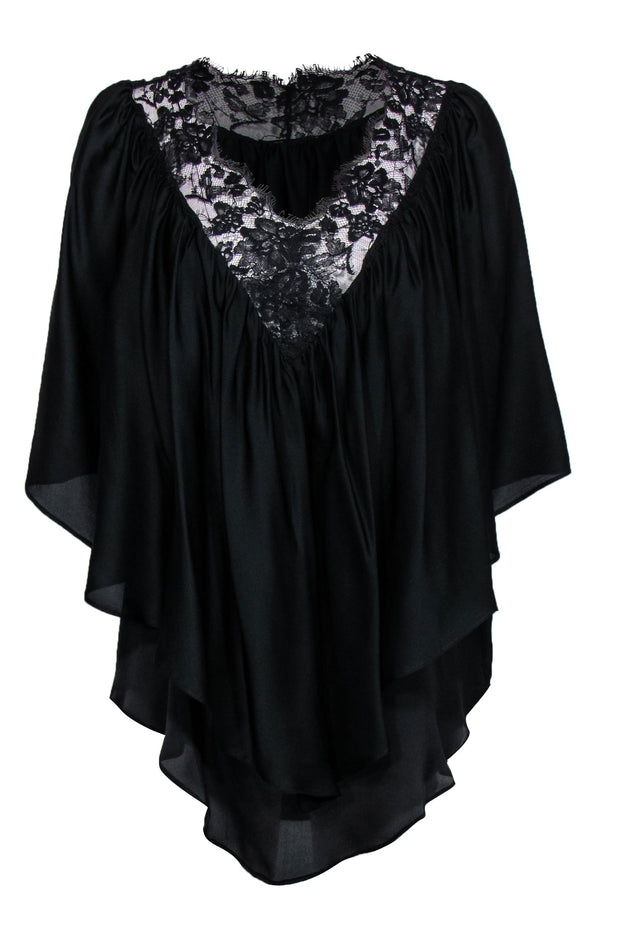 Current Boutique-Kiki de Montparnasse - Black Silk Satin "Le Rêve" Kaftan Blouse w/ Lace Sz S/M