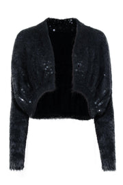 Current Boutique-Knitted & Knotted - Black Fuzzy Open-Front Cropped Cardigan w/ Sequins Sz S