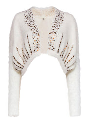 Current Boutique-Knitted & Knotted - White Fuzzy Open-Front Cropped Cardigan w/ Sequins Sz S