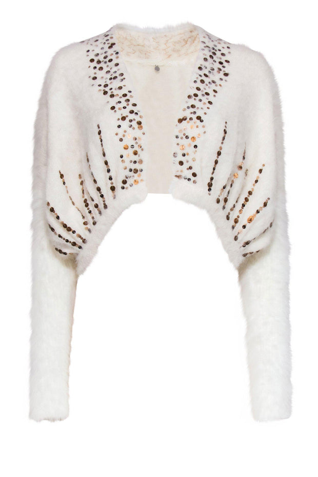 Current Boutique-Knitted & Knotted - White Fuzzy Open-Front Cropped Cardigan w/ Sequins Sz S